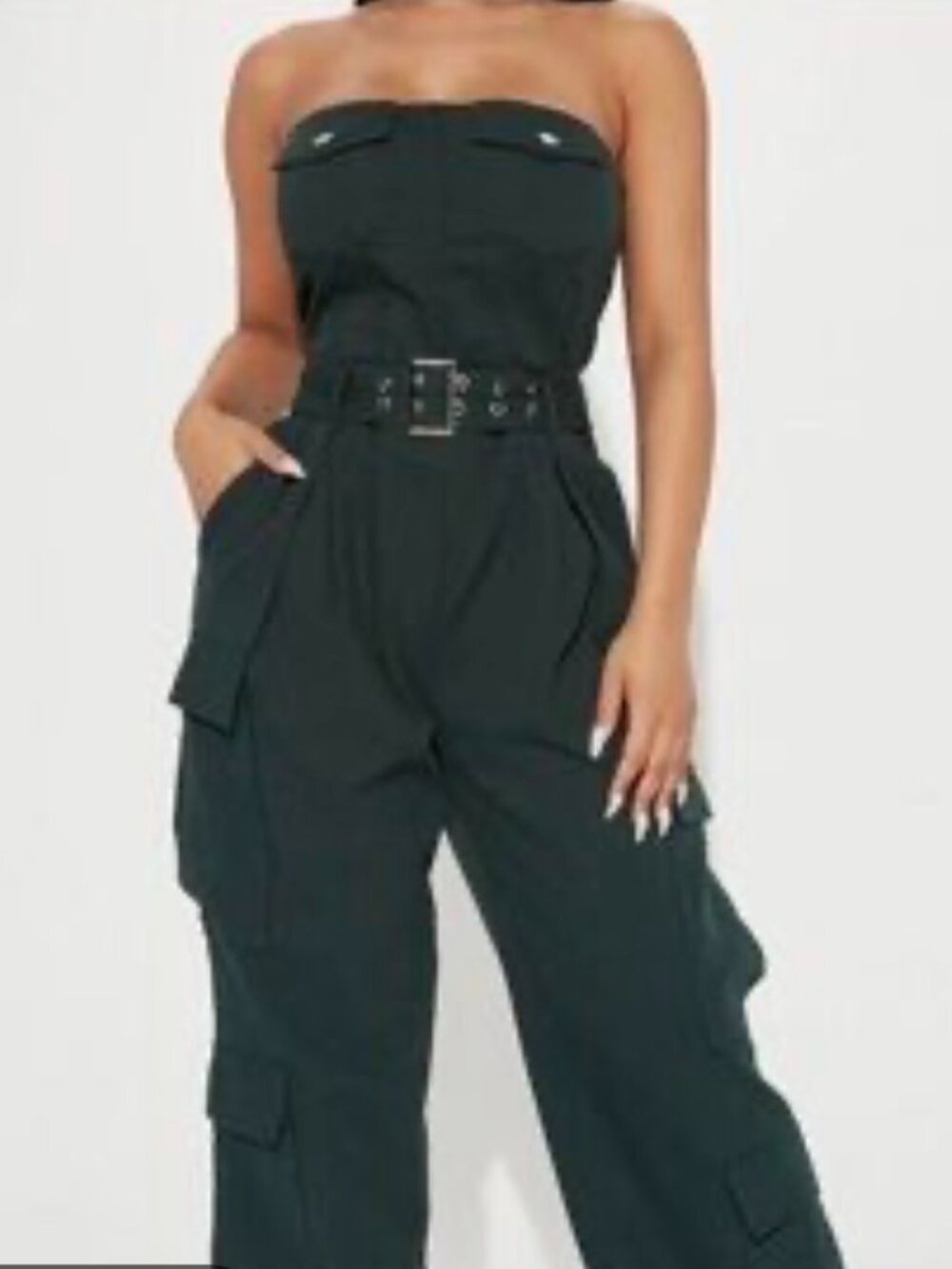 NWT Kyla Cargo Dark Green Strapless Jumpsuit Party Utility, Size Medium